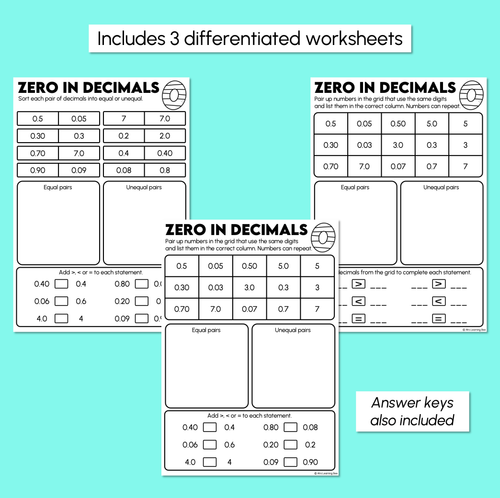 Resource preview 3 for Zero in Decimal - Decimals Worksheet