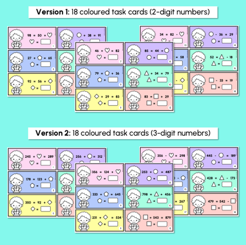 Resource preview 3 for Missing Numbers - 2-Digit & 3-Digit Numbers - Addition & Subtraction Task Cards