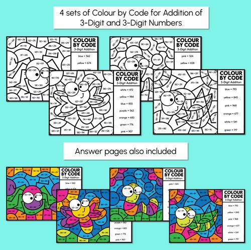 Resource preview 3 for Colour by Code - 3-Digit Addition 100-999 - Bug Theme