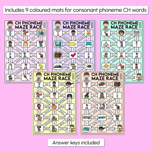 Resource preview 3 for Consonant Phoneme CH Words Maze Race - Consonant CH Words Mats