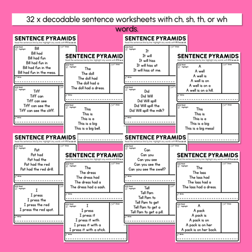 Resource preview 3 for Decodable Sentence Pyramid Worksheets - Consonant Digraphs ch sh th wh