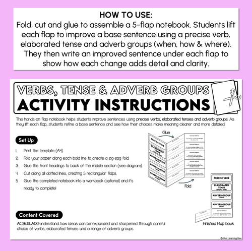 Resource preview 2 for Precise Verbs, Tense & Adverb Groups - Flip Book Activity