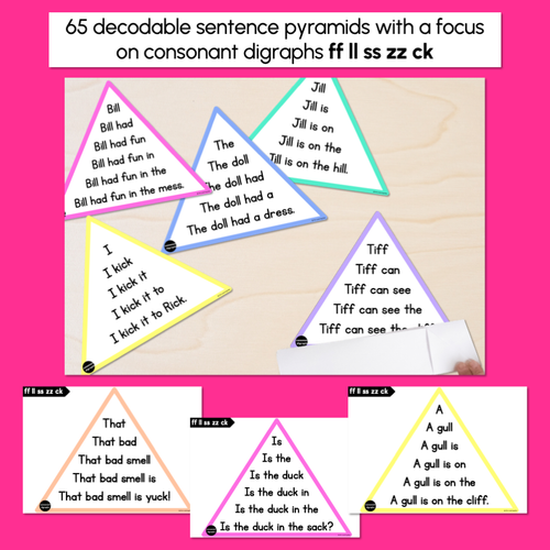 Resource preview 2 for LL SS FF ZZ CK WORDS - Decodable Sentences Pyramids - Phonics Fluency