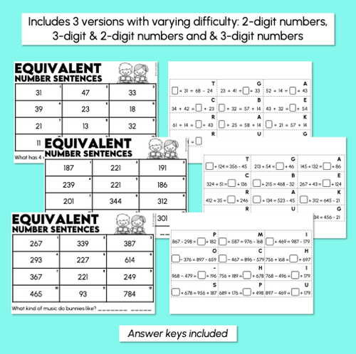Resource preview 3 for Crack the Code - 3-Digit Addition & Subtraction - Equivalent Number Sentences Activity