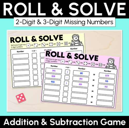 Resource preview 1 for Roll & Solve - 2-Digit & 3-Digit Missing Numbers - Addition & Subtraction Game