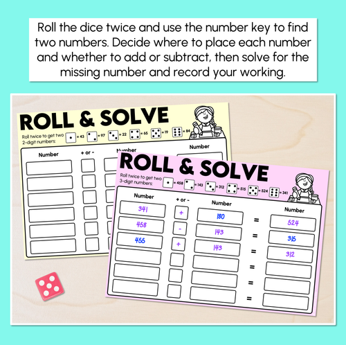 Resource preview 2 for Roll & Solve - 2-Digit & 3-Digit Missing Numbers - Addition & Subtraction Game