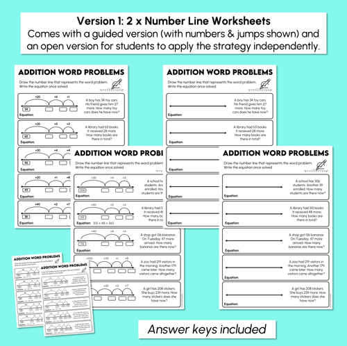 Resource preview 3 for Addition Word Problems Worksheets - Number Lines & Bar Models