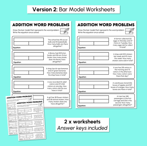 Resource preview 4 for Addition Word Problems Worksheets - Number Lines & Bar Models