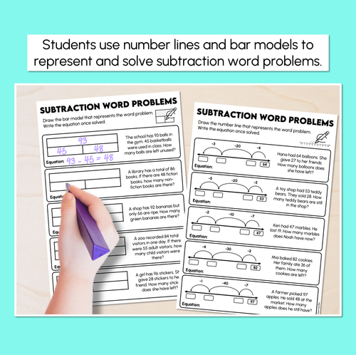 Resource preview 2 for Subtraction Word Problems Worksheets - Number Lines & Bar Models