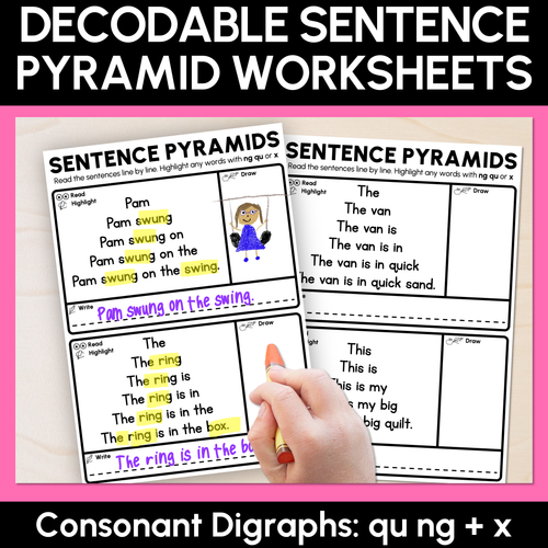 Resource preview 1 for Decodable Sentence Pyramid Worksheets - Consonant Digraphs ng qu + x