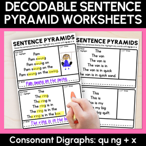 Decodable Sentence Pyramid Worksheets - Consonant Digraphs ng qu + x