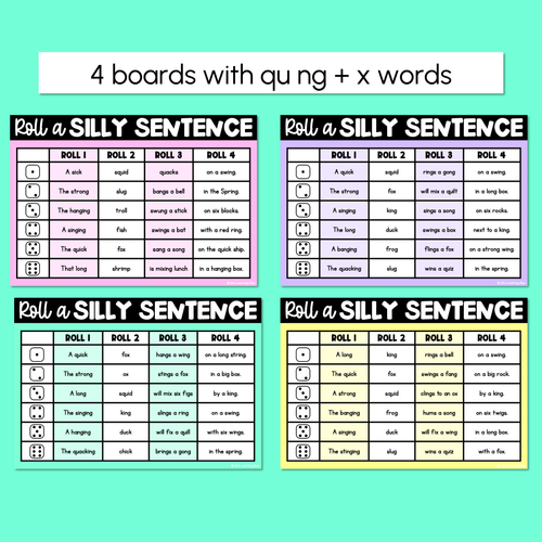 Resource preview 2 for Decodable Sentences with Consonant Digraphs qu ng + x words - Roll a Silly Sentence Phonics