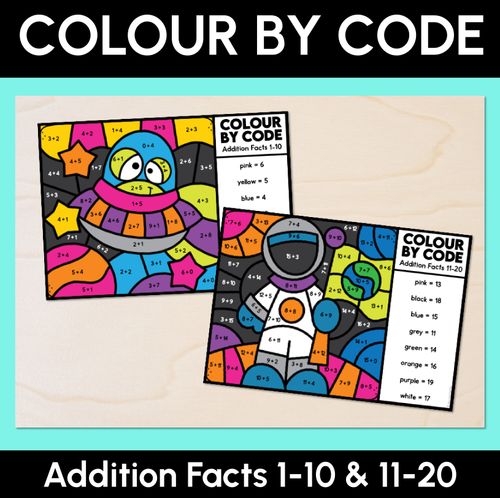 Resource preview 1 for Colour By Code - Addition Facts 1-10 & 11-20 - Space Theme