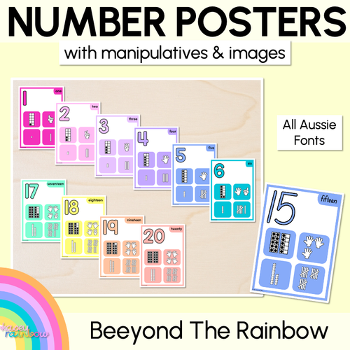 Resource preview 1 for NUMBER POSTERS 1-30 with ten frames, base ten blocks, tallies & fingers - The Kasey Rainbow Collection