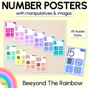 NUMBER POSTERS 1-30 with ten frames, base ten blocks, tallies & fingers - The Kasey Rainbow Collection