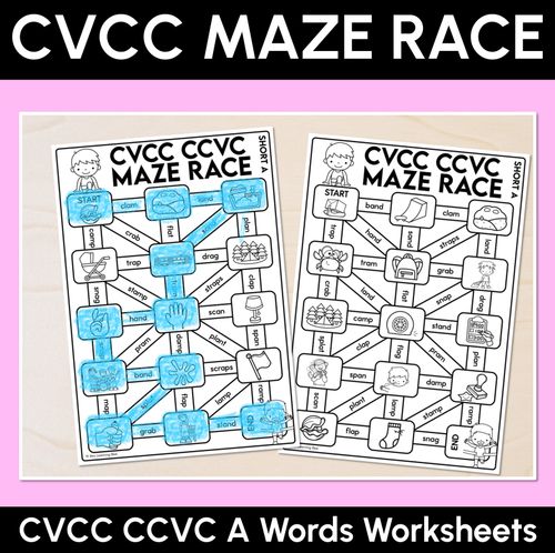 Resource preview 1 for CVCC Words Maze Race - CVCC CCVC A Words Worksheets