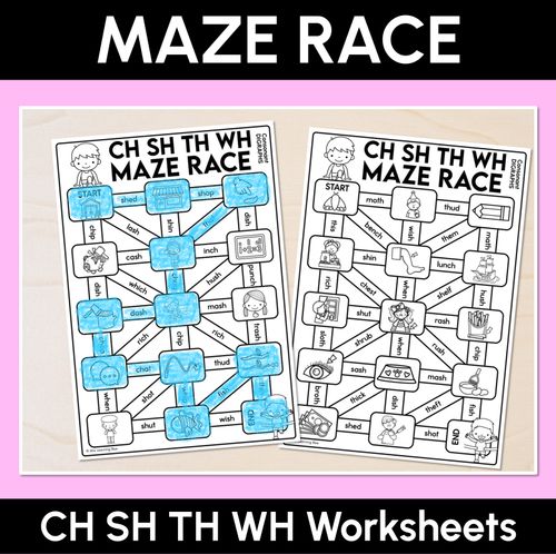 Resource preview 1 for Consonant Digraph CH SH TH WH Words Maze Race - CH SH TH WH Words Worksheets