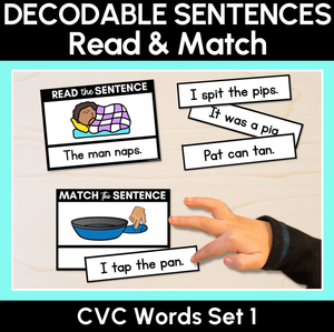 CVC Word Decodable Sentences - Read and Match Set 1 - Kindergarten Phonics