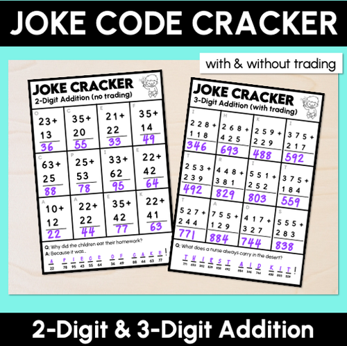 Resource preview 1 for Joke Code Cracker - 2-Digit & 3-Digit Addition - With & Without Trading - Addition Worksheets