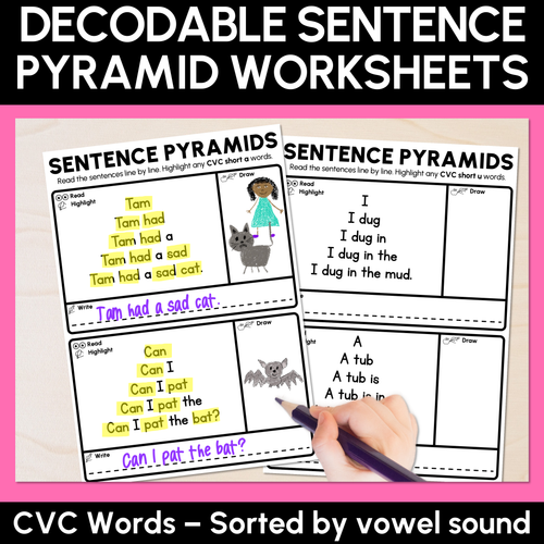 Resource preview 1 for Decodable Sentence Pyramid Worksheets - CVC Words Sorted by Vowel Sound