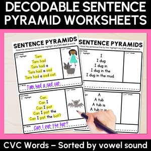 Decodable Sentence Pyramid Worksheets - CVC Words Sorted by Vowel Sound