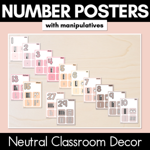 NUMBER POSTERS with ten frames, base ten blocks, tallies & fingers - Neutral Classroom Decor