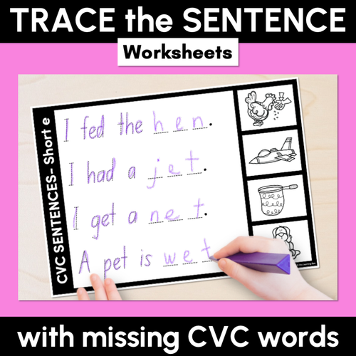 Resource preview 1 for CVC WORD SENTENCES WORKSHEETS - Trace the Sentence with missing CVC words