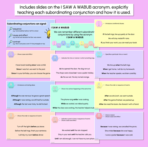 Resource preview 3 for Subordinating Conjunctions - I SAW A WABUB - Explicit Teaching Slides