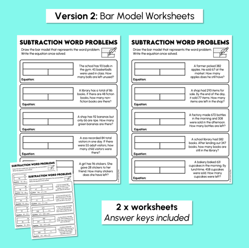 Resource preview 4 for Subtraction Word Problems Worksheets - Number Lines & Bar Models