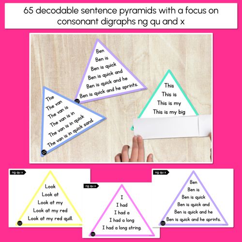 Resource preview 2 for QU NG + X WORDS - Decodable Sentences Pyramids - Phonics Fluency