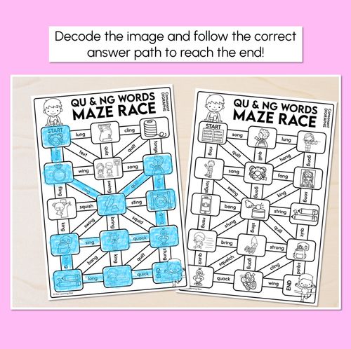 Resource preview 2 for Consonant Digraph NG QU Words Maze Race - NG QU Words Worksheets