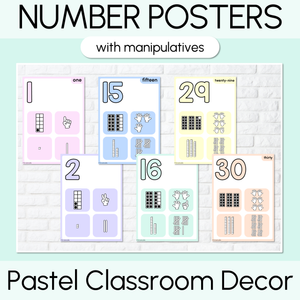 Pastel Classroom Decor - Number Posters 1-30 with ten frames, base ten blocks, tallies & fingers