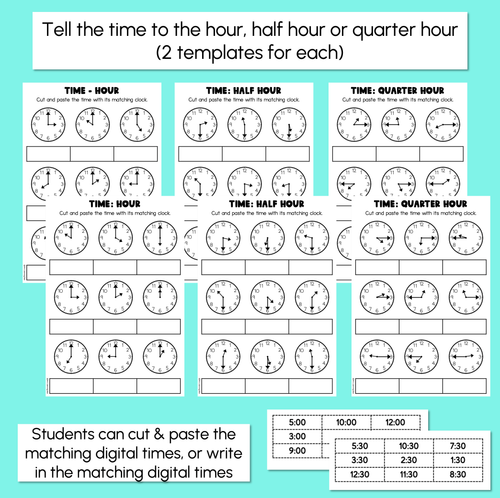 Resource preview 2 for Tell the Time (Hour, Half Hour & Quarter Hour) – Cut & Paste Templates