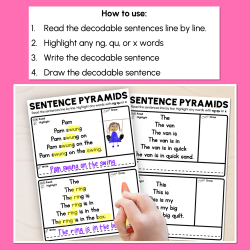 Resource preview 2 for Decodable Sentence Pyramid Worksheets - Consonant Digraphs ng qu + x