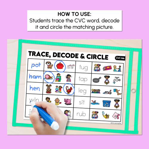 Resource preview 2 for Trace, Decode & Circle - Mixed CVC Words - Decodable Word Mats