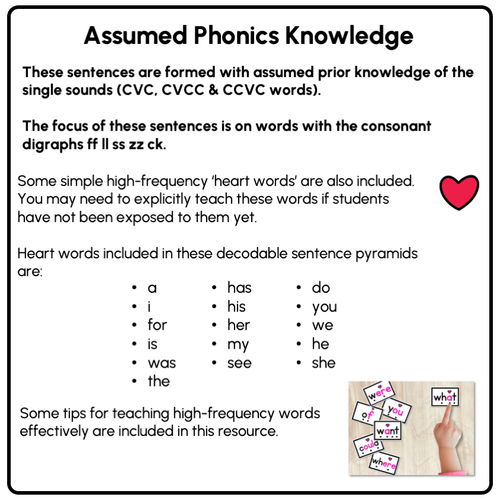 Resource preview 4 for LL SS FF ZZ CK WORDS - Decodable Sentences Pyramids - Phonics Fluency