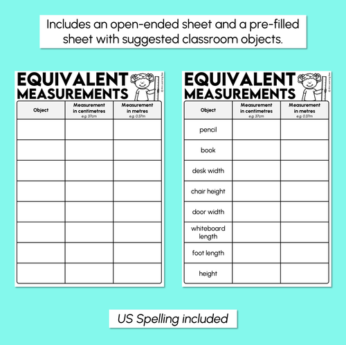 Resource preview 3 for Equivalent Measurements: Centimetres & Metres Recording Sheet
