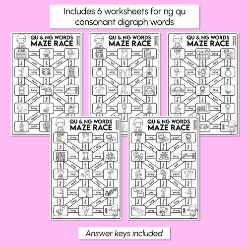 Resource preview 3 for Consonant Digraph NG QU Words Maze Race - NG QU Words Worksheets