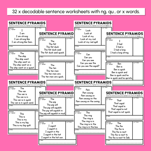 Resource preview 3 for Decodable Sentence Pyramid Worksheets - Consonant Digraphs ng qu + x