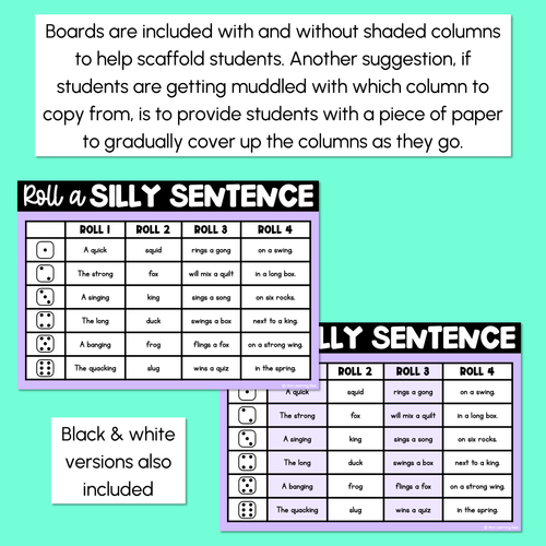 Resource preview 4 for Decodable Sentences with Consonant Digraphs qu ng + x words - Roll a Silly Sentence Phonics