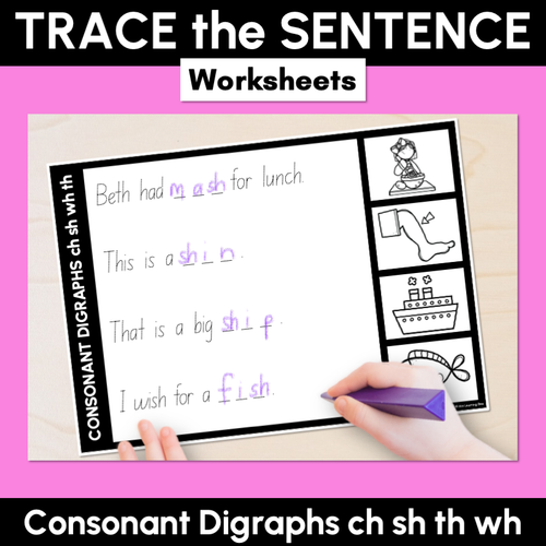 Resource preview 3 for Trace the Sentence Worksheets & Task Cards - Consonant Digraphs ch sh th wh Bundle