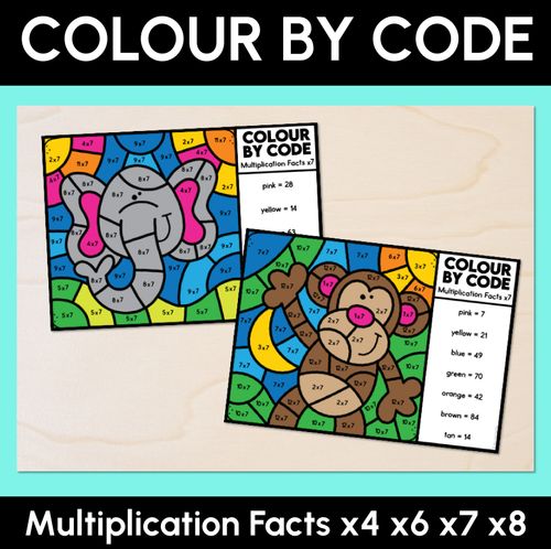 Resource preview 1 for Colour by Code - Multiplication Facts x4 x6 x7 x8 - Animal Theme