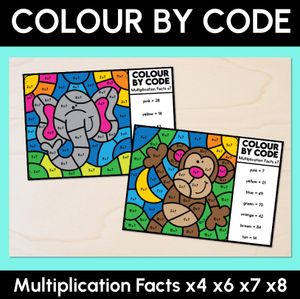 Colour by Code - Multiplication Facts x4 x6 x7 x8 - Animal Theme