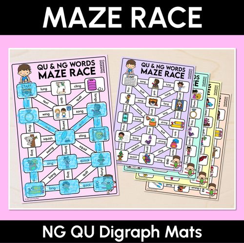 Resource preview 1 for Consonant Digraph NG QU Words Maze Race - NG QU Words Mats