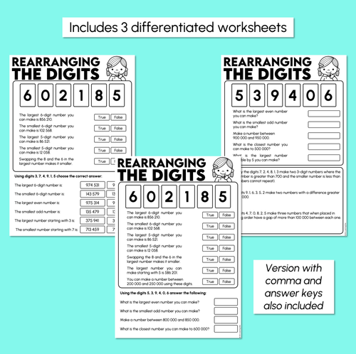Resource preview 3 for Rearranging the Digits - 5-digit & 6-digit Numbers Worksheets