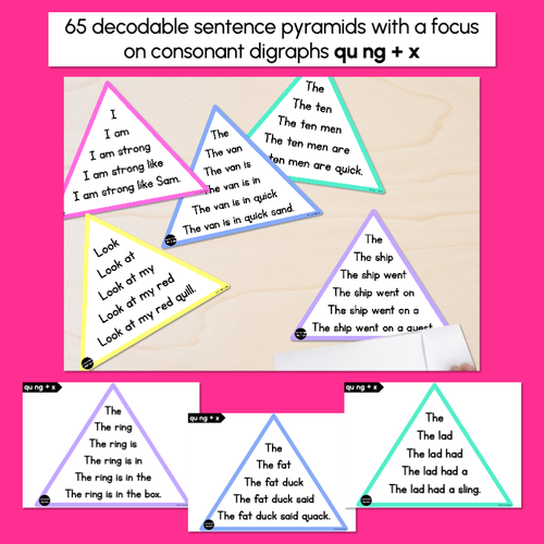 Resource preview 2 for QU NG + X WORDS - Decodable Sentences Pyramids - Phonics Fluency