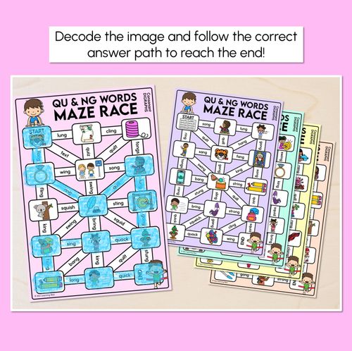 Resource preview 2 for Consonant Digraph NG QU Words Maze Race - NG QU Words Mats