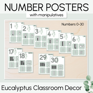 Number Posters 0-30 with ten frames, base ten blocks, tallies & fingers - The Eucalyptus Edit - Eucalyptus Classroom Decor