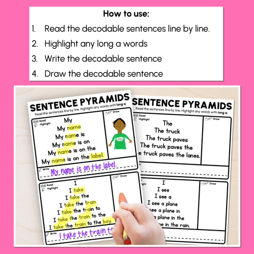 Resource preview 2 for Decodable Sentence Pyramid Worksheets - Long Vowel A