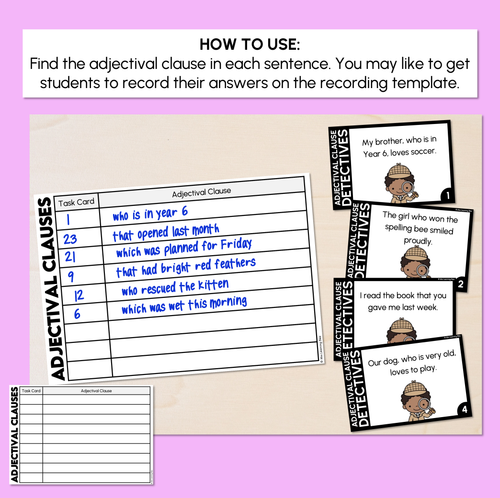 Resource preview 2 for Adjectival Clause - Detective Task Cards